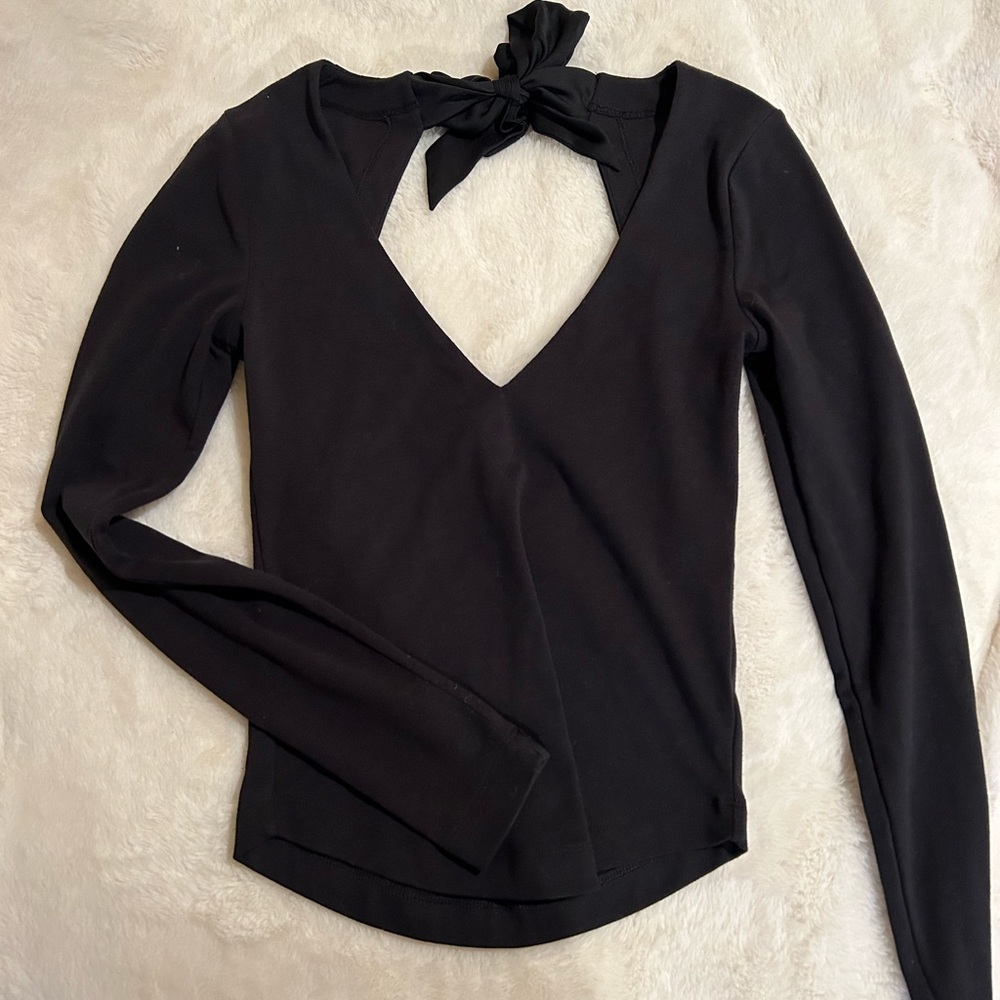 Free People- Black V Neck Long Sleeve, Backless With Bow (XS)